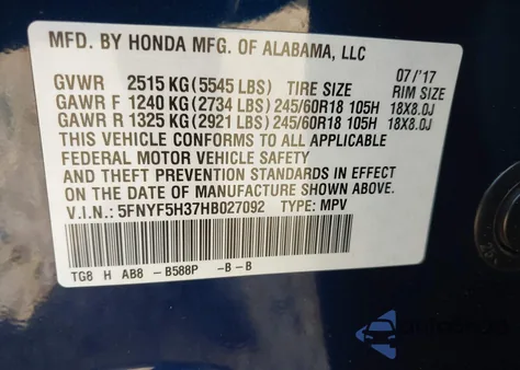 2017 Honda Pilot Ex z USA, uszkodzony, nr VIN 5FNYF5H37HB027092